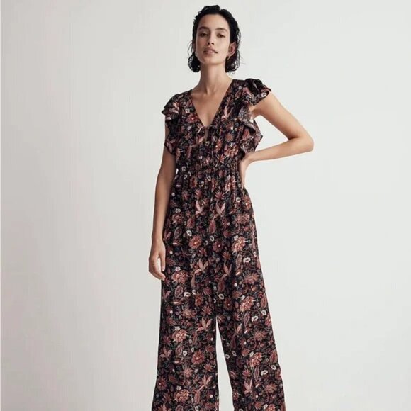 NWT Madewell Deep-V Ruffle Wide Leg Jumpsuit in Pampas Blooms Black Brown Sz. S - Picture 2 of 12